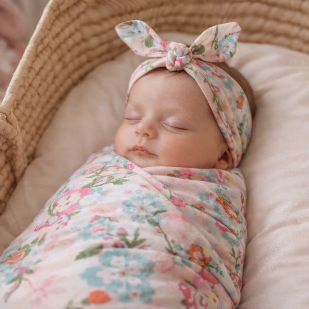 Floral Baby Swaddle and Headband Set, soft pink cotton swaddle for newborn baby